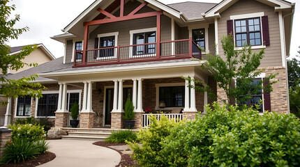 Two-story house with gray siding, stone accents, and a covered porch.  The house features multiple windows, a balcony, and landscaping.  The walkway leads to the front door.