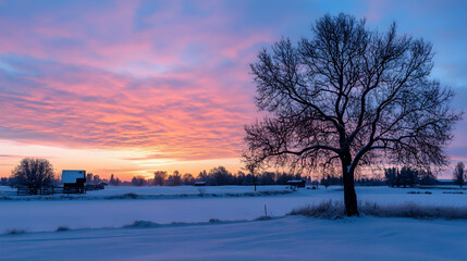 Winter Sunrise over Snowy Field, Lone Tree, Farm Background, Peaceful Landscape.