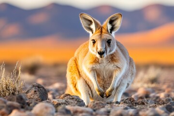 Fototapeta premium A kangaroo captured mid-leap with its shadow stretching across a rocky desert floor