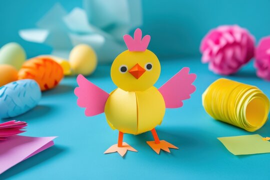 A colorful paper craft chick surrounded by vibrant Easter eggs and festive decorations on a  wooden table