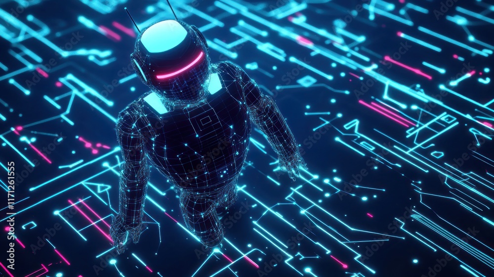 Aufkleber a futuristic robot surrounded by digital circuitry and neon lights.