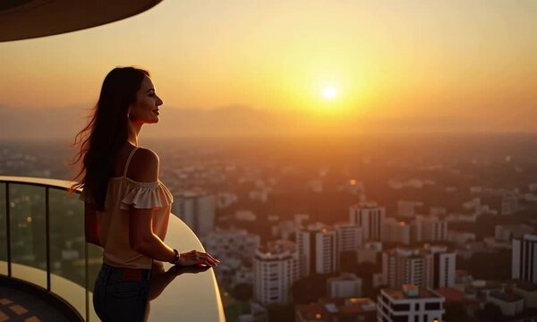 A successful woman standing on her luxurious balcony, basking in the warm glow of a golden sunrise with a panoramic city view, showcasing confidence and elegance