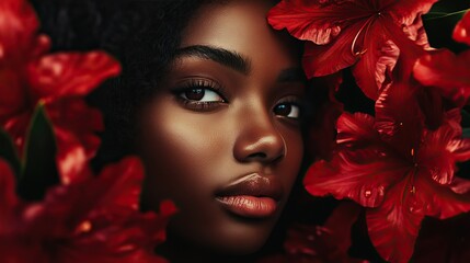 Portrait of a confident woman amid red flowers, symbolizing strength and beauty on international women's day march 8