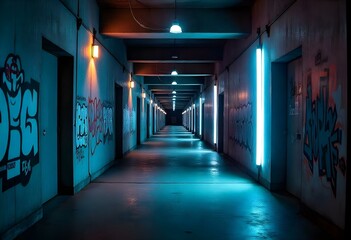 Fototapeta premium A long, narrow, and symmetrical concrete hallway or tunnel with multiple rectangular frames or openings. The hallway has a minimalist, industrial aesthetic with a sense of depth 