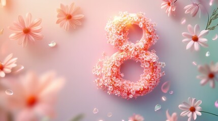 Pink floral arrangement forming number 8 surrounded by daisies celebrates international women's day march 8 concept