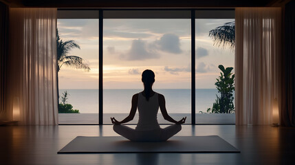 Woman meditating lotus pose ocean sunset luxury home.