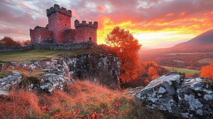 Fototapeta premium Majestic red castle perched atop a cliff overlooking a valley bathed in the warm hues of a vibrant autumn sunset.