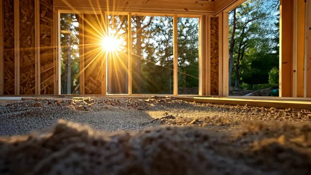 Construction site captures golden sunset through windows in a new home under development
