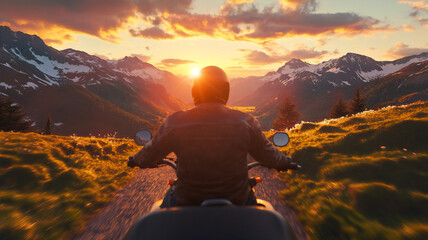 Obraz premium riding a motor during spring in the mountains during sunset with a frontal angle 