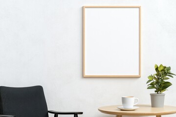A chic mockup of a picture frame on a clean, white wall within a minimalist, bright interior.