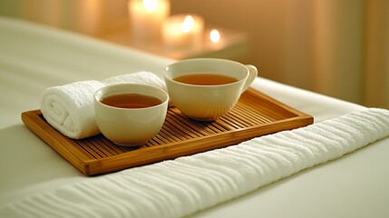 Fototapeta premium Tea cups and towels on tray, spa table, candles, relaxation