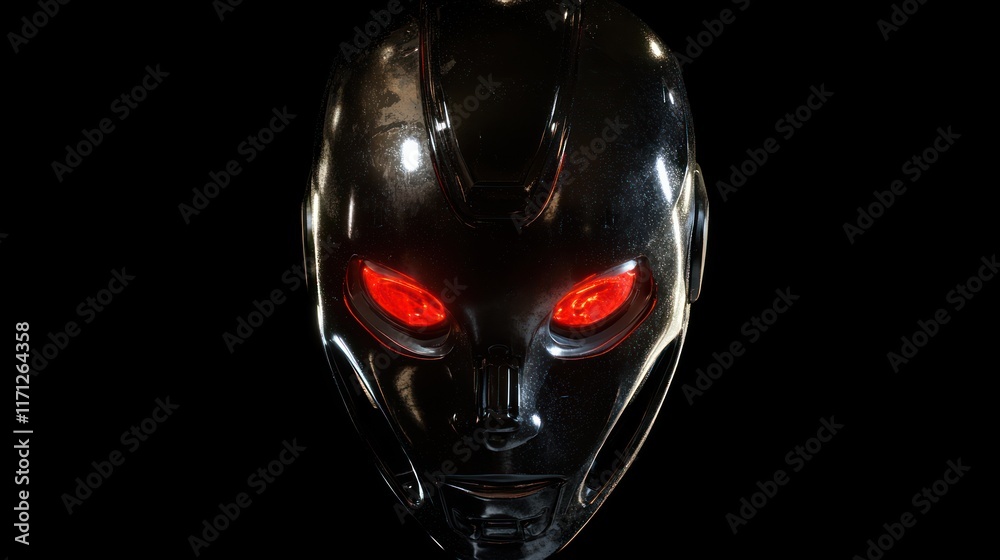 Poster a futuristic robotic face with glowing red eyes, evoking themes of technology and artificial intelli