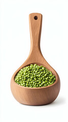 Wooden spoon filled with mung beans against white background, for food blogs and recipes.