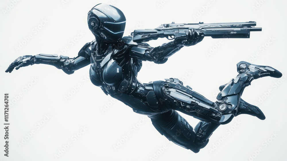 Poster A futuristic robotic figure in a dynamic pose, holding a weapon, suggesting action and technology.