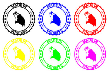 Made in Barbuda - rubber stamp - vector, Barbuda map pattern - black, blue, green, yellow, purple and red