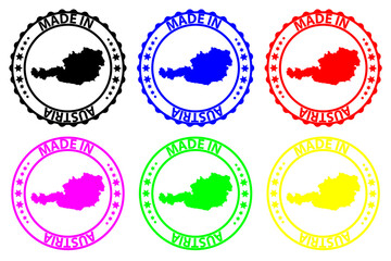 Made in Austria - rubber stamp - vector, Austria map pattern - black, blue, green, yellow, purple and red