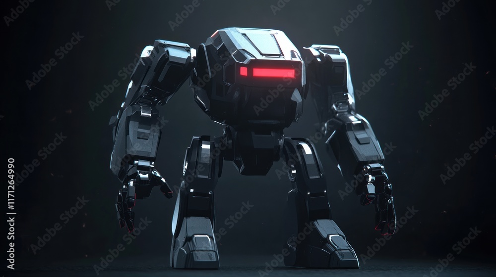 Poster a futuristic robotic figure with a sleek design and glowing red accents.