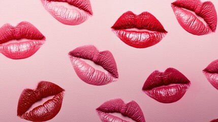 Red lipstick kiss marks on pink background