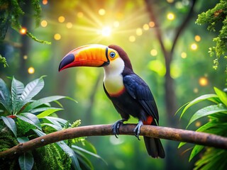 Obraz premium Bokeh-drenched tropical scene: toucan on branch, vibrant plumage.