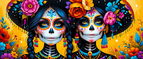 Mexikanischer Feiertag Dia de Muertos, zwei M&auml;dchen mit symbolischen Bemalungen und traditionellem Kost&uuml;men am  am Tag der Toten in Mexiko.