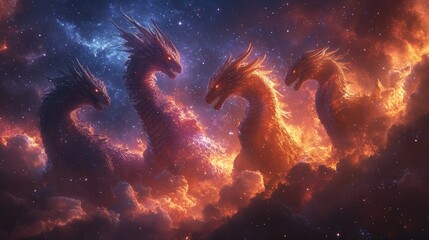 Four cosmic dragons emerge from fiery nebula clouds in space.