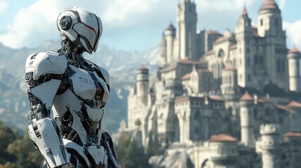 Advanced Robot Stands Before Medieval Castle