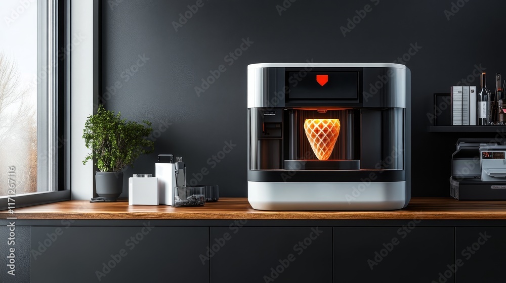 Poster a 3d printer creating a decorative object in a modern workspace.