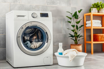 Modern washing machine in stylish sustainable laundry room with neatly folded towels, greenery and eco-friendly detergent. Concept of cleanliness, sustainability and contemporary home care