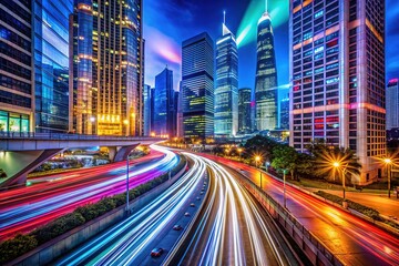 Fototapeta premium City glow trails streak across a futuristic skyline. Dynamic urban lights.