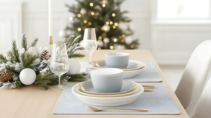 Elegant Christmas table setting, light blue plates, gold cutlery, festive centerpiece, blurred Christmas tree background, holiday greeting card.