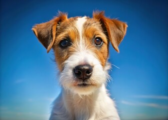 Close-up of a playful fox terrier puppy, sky backdrop.