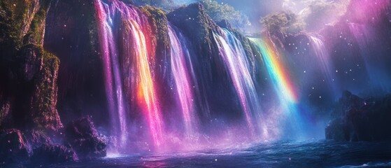 Naklejka premium Mystical Rainbow Waterfall cascading over dramatic cliffs.