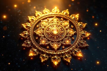 Shining gold mandala, deep reflective backdrop, vibrant details, opulent, symmetry