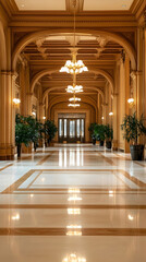 Obraz premium Elegant hotel lobby hallway, marble floor, arched ceiling, plants, grand entrance, luxurious interior design, travel brochure.