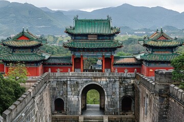 Obraz premium Traditional Chinese architecture with ornate roofs and mountainous backdrop.