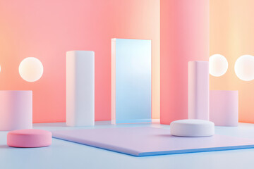 Minimalistic pastel room with geometric shapes and soft lighting