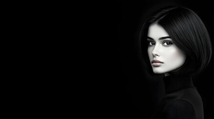 Fototapeta premium Elegant Woman, Dark Hair, Studio Portrait, Black Background, Beauty Ad.