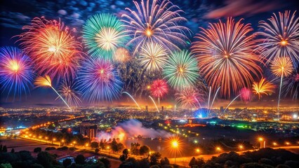 Colorful burst, festive aerial bokeh background.