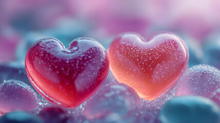 Fototapeta premium Heart shaped jelly candies couple closeup image. Handmade healthy bonbons for valentine day event close up photography. Expression of romantic feelings concept photo realistic