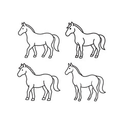 Four Simple Line Art Horse Illustrations. Horse vector icon. logo, Equine line art on white background.