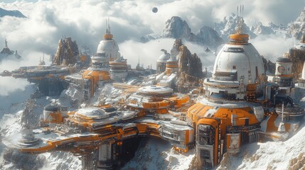 Futuristic city nestled in snowy mountains, featuring unique architecture and advanced technology.