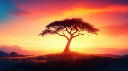Obraz premium Majestic Silhouette of a Tree Against a Colorful Sunset Sky