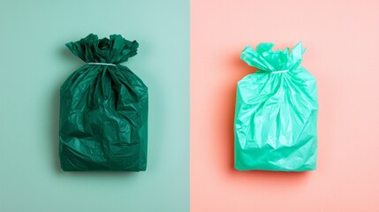 Dramatic Contrast of Green Trash Bags Against Light Background in Lush Color Palette