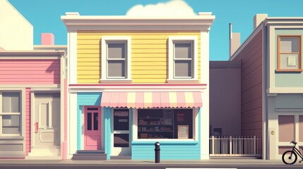 Charming Small Town Garage Sale Scene with Brightly Colored Buildings and Vivid Sky