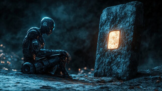 Solitary Robot Contemplates Glowing Monolith In Alien Landscape