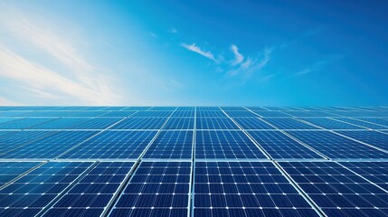 Solar Panel Array Under Clear Sky with Bright Sunlight Reflection