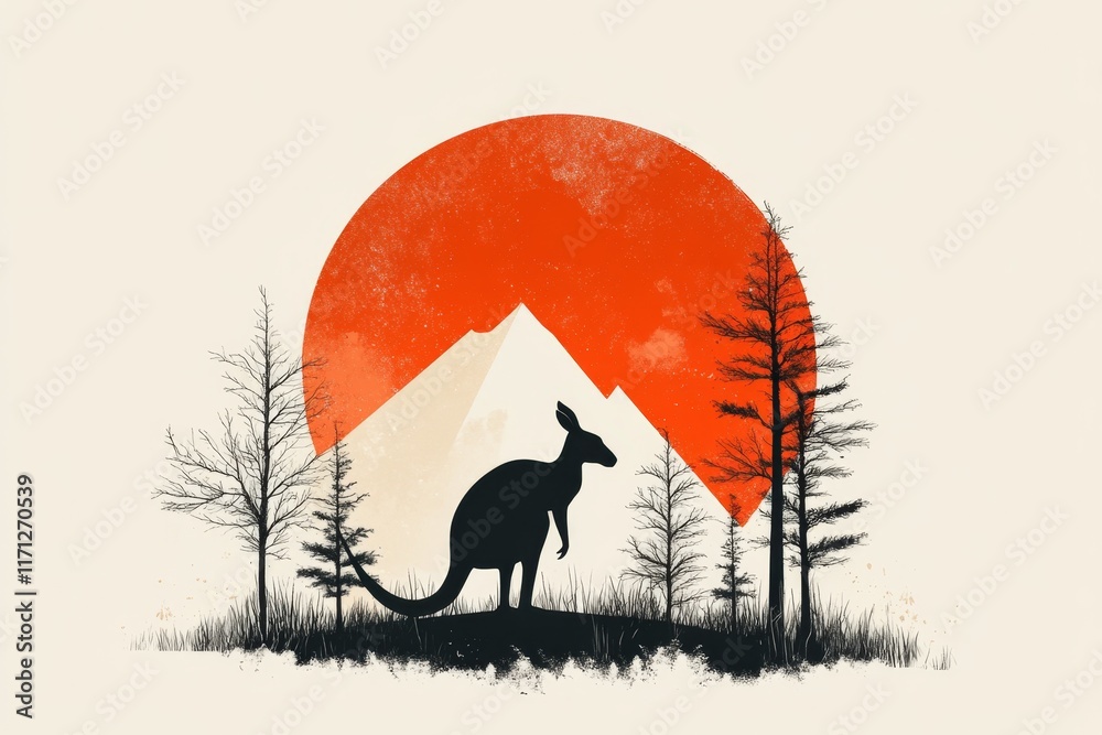 Poster a minimalist emblem featuring a kangaroo silhouette within a circle, styled in earthy tones and clea