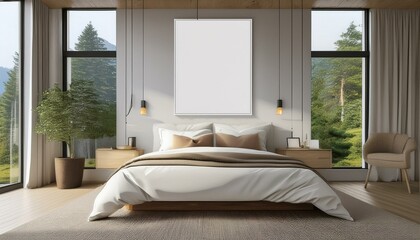 Fototapeta premium interior stylish bedroom with a large window an vintage furniture