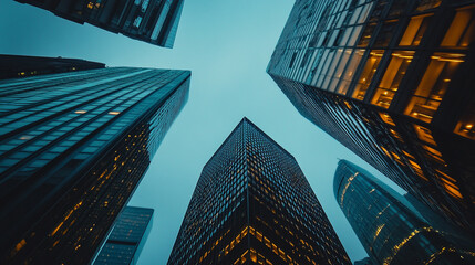 Unique perspective of towering skyscrapers against a twilight sky in an urban setting