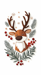 Naklejka premium Festive Reindeer Christmas Card Design, Winter Wonderland Background, Holiday Illustration.